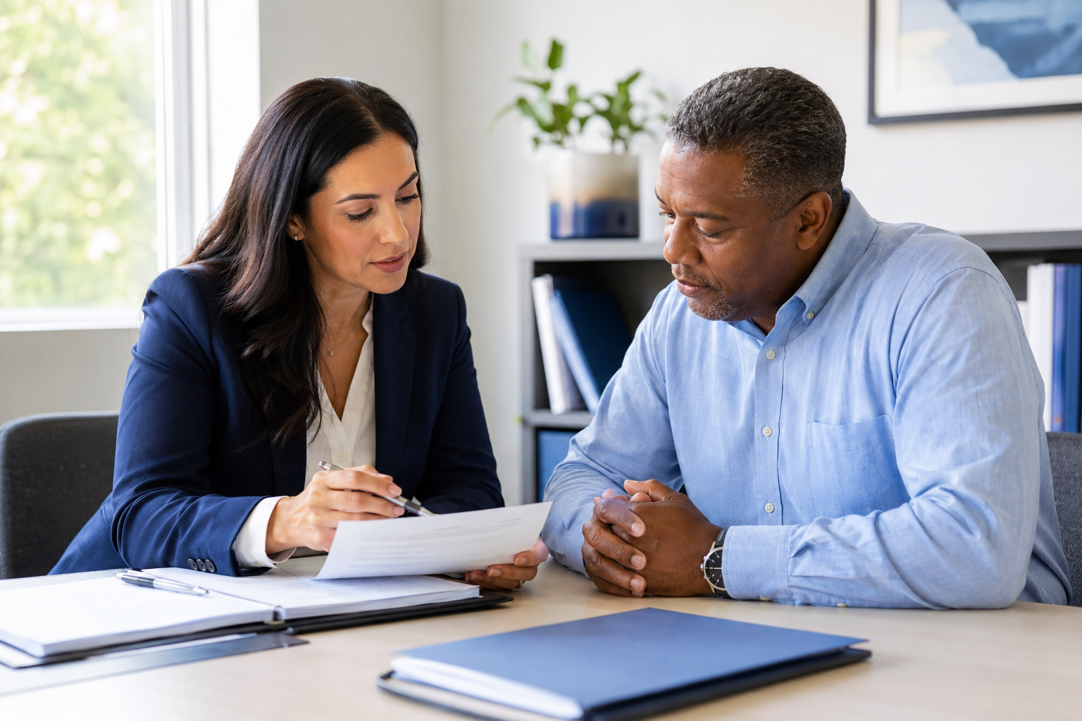 A disability representative reviewing a claim with a client