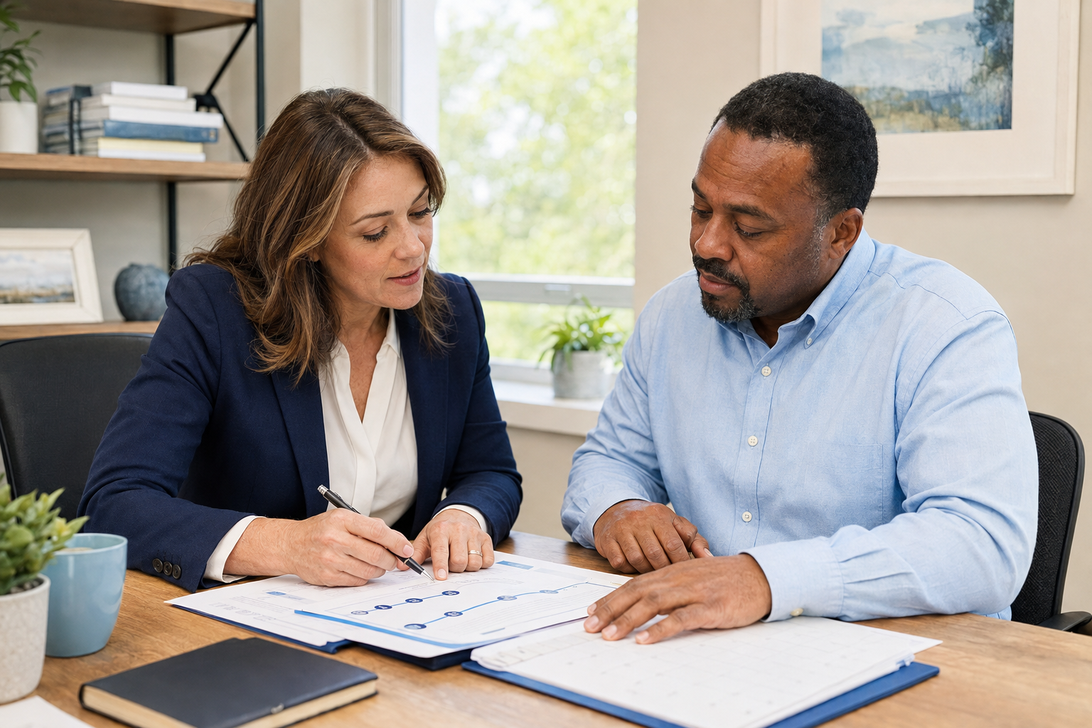 A disability representative and client reviewing a claim timeline